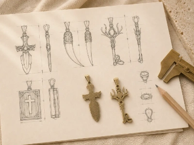 Technical drawings and samples for custom brass pendant shape, profile, bail and size development