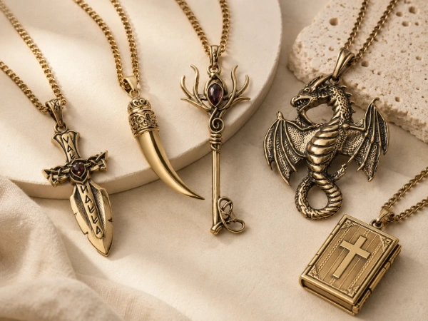 Custom brass pendant necklace collection featuring sword, horn, key, dragon and book locket designs for jewelry brands