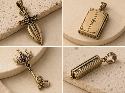 Close-up of custom brass sword, book locket, key and rectangular pendant designs with antique finishes