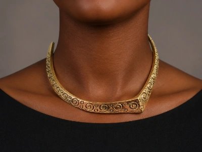 Model wearing a custom sculptural brass collar necklace made for OEM collections by a brass necklace manufacturer