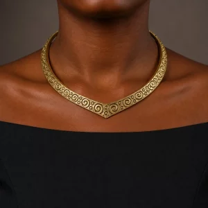 Custom symmetrical brass V collar necklace with embossed spiral details displayed on a female model