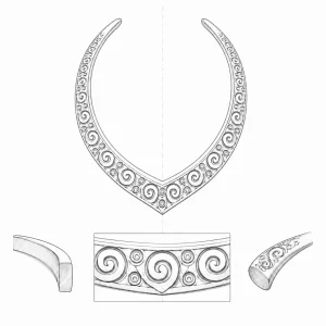 Custom symmetrical brass V collar necklace with embossed spiral details displayed on a female model