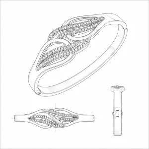 Technical line drawing of a custom stainless steel crystal leaf bangle bracelet showing perspective, front and side views for OEM jewelry development.