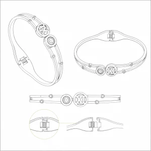A close-up of a custom golden double-ring bracelet, with a design featuring crystal decorations, specially created for an OEM jewelry brand.