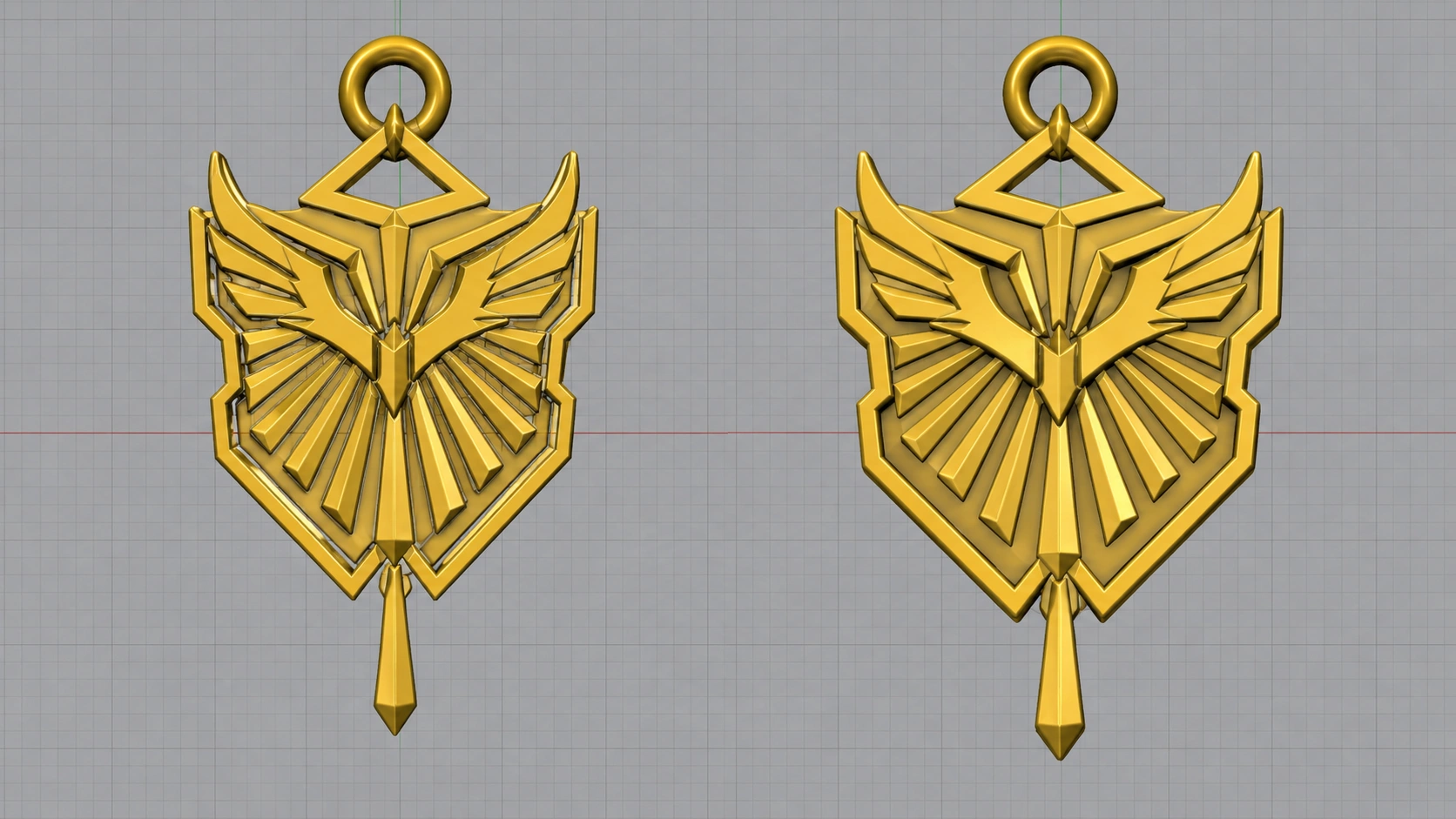 CAD design comparison showing two development versions of a custom stainless steel pendant with geometric wing details
