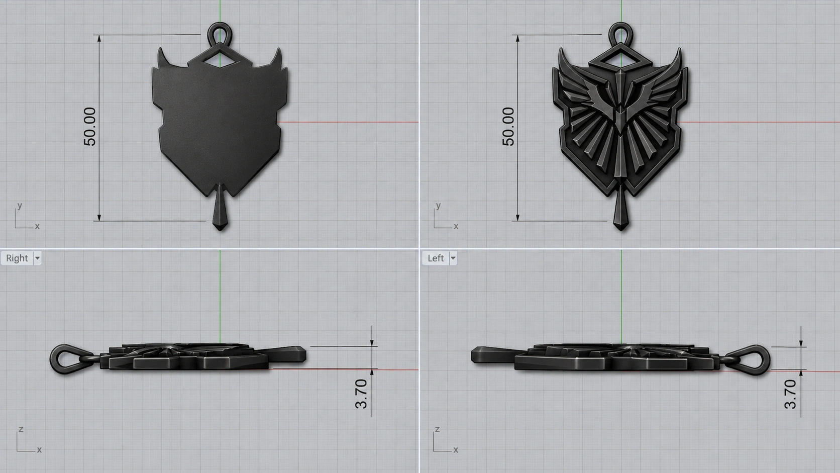 Multi-view jewelry CAD design showing front, back and side views of a custom stainless steel pendant