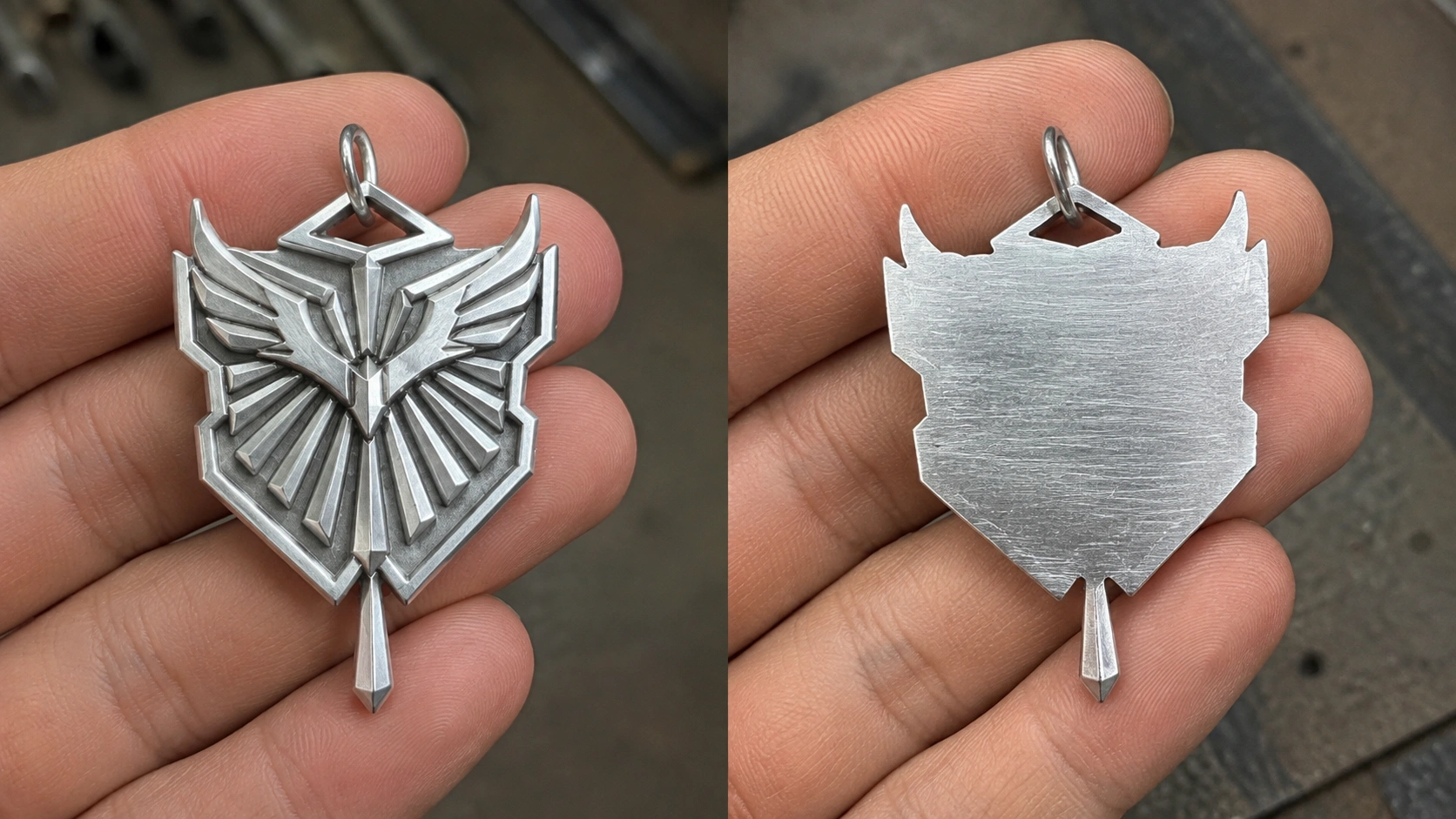 Front and back views of a custom stainless steel pendant prototype during the sampling stage