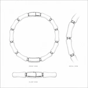 A close-up of a custom white segmented bracelet, with a design drawing featuring gold connectors, for use in the development of brand jewelry.