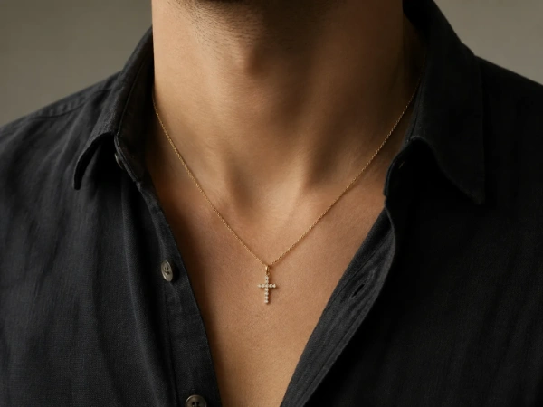 Model wearing a custom gold-tone brass cross necklace developed by an OEM brass necklace manufacturer