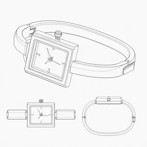 Close-up of a gold-tone stainless steel square watch bangle bracelet worn on a partial wrist, highlighting the minimalist square dial and polished bangle design.