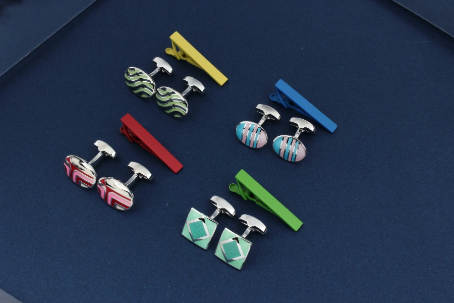 Custom matching cufflinks and tie clip sets with coordinated logo, engraving, plating and finishes