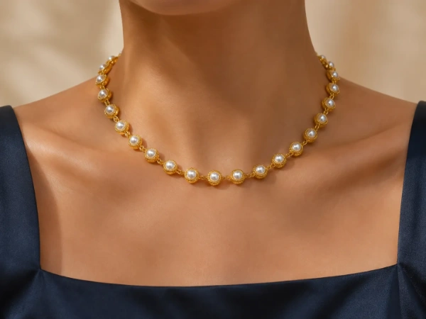 Female model wearing an organic gold-tone brass necklace with white and baroque pearls.