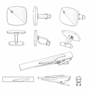 Silver cufflinks and tie clip set displayed with a navy suit and white shirt.