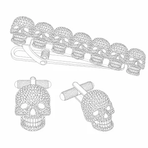 Black skull cufflinks and matching skull tie clip displayed on a white shirt and black tie.