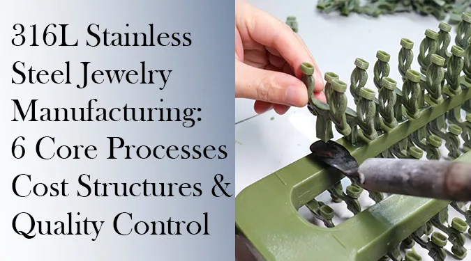 Overview of six core processes used in 316L stainless steel jewelry manufacturing, including casting, molding, 3D printing, stamping, CNC machining and laser cutting.