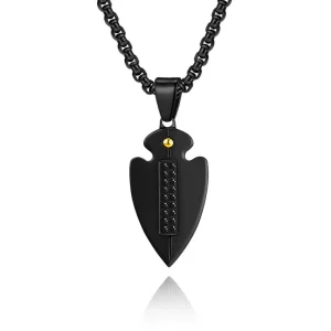 Black arrowhead stainless steel pendant necklace with crystal accents, contrasting detail and customizable chain, finish, logo and OEM/ODM options.