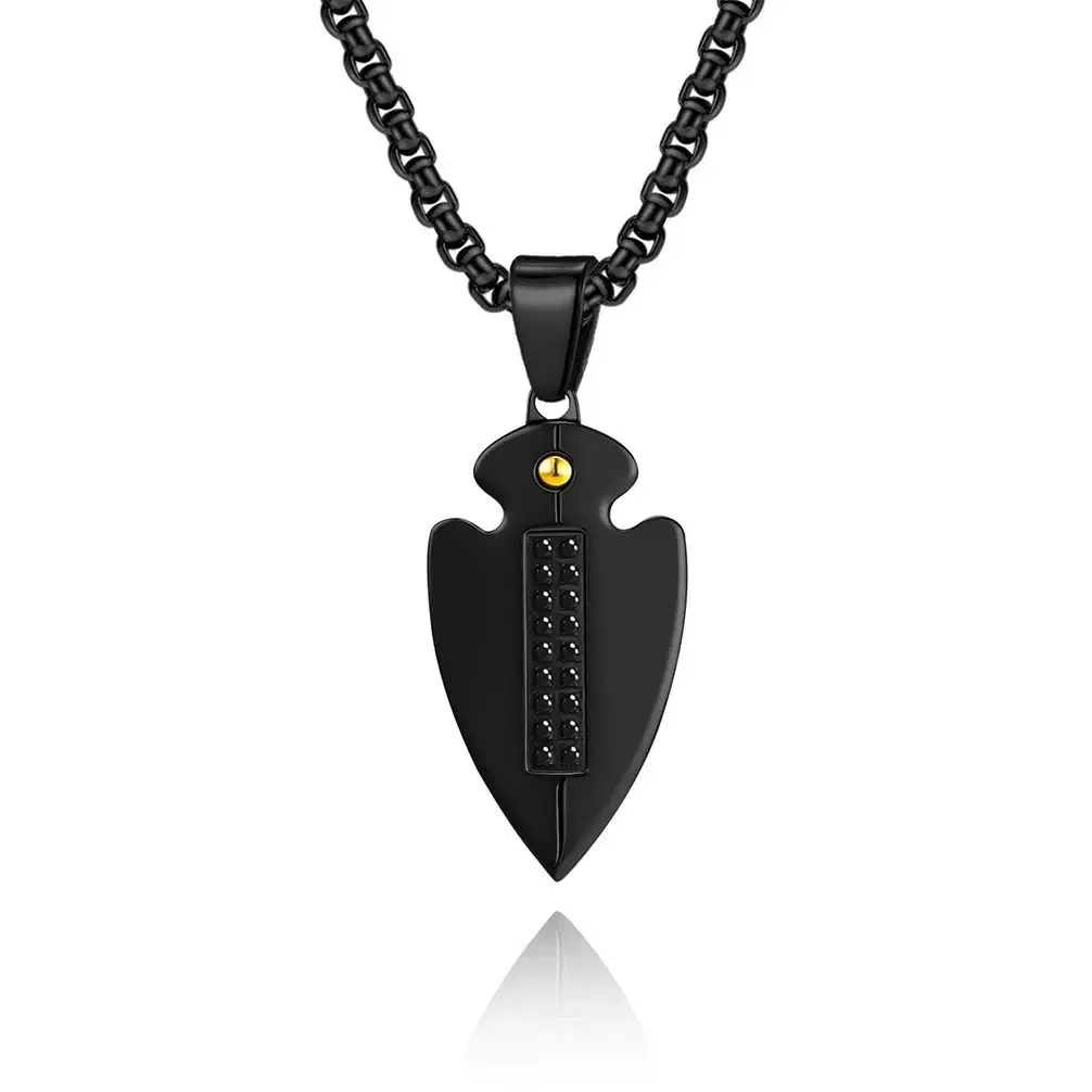Black arrowhead stainless steel pendant necklace with crystal accents, contrasting detail and customizable chain, finish, logo and OEM/ODM options.