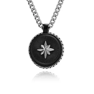 Custom black stainless steel pendant necklace with a silver North Star motif, radial texture and OEM options for chain, plating, logo and finish.