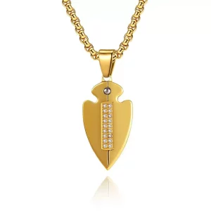 Custom gold arrowhead stainless steel pendant necklace with crystal details, polished finish and OEM/ODM options for jewelry brands and collections.