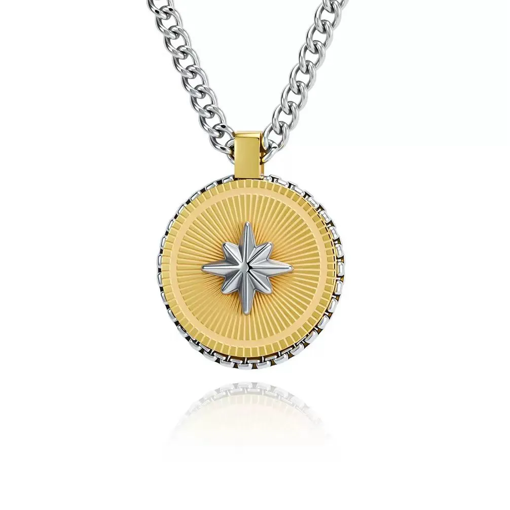 Two-tone stainless steel pendant necklace with a raised North Star motif, textured medallion and customizable plating, chain and OEM/ODM options.