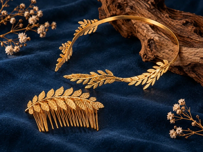 Brass leaf headband and decorative hair comb showing detailed metalwork and plated hair accessory designs.