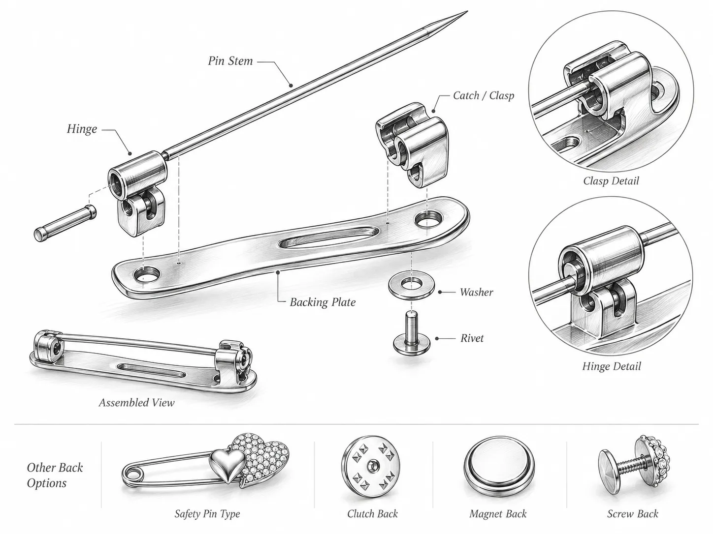 Technical exploded view of brooch pin back structure for custom brooch manufacturing, showing hinge, pin stem, clasp and backing components.