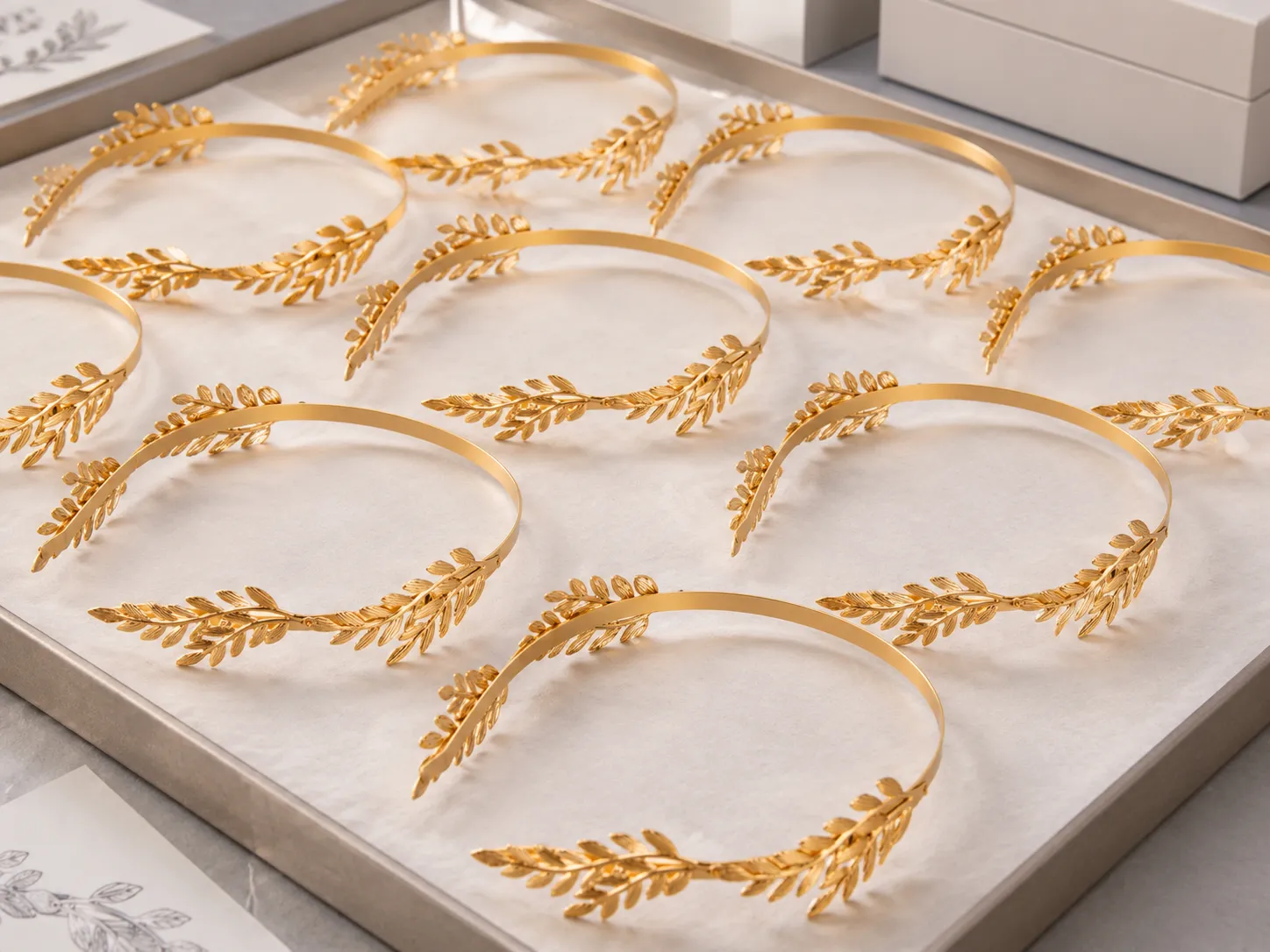 Bulk gold leaf headbands arranged for custom production, showing consolidated styles and quantities for more efficient manufacturing.
