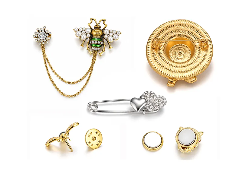 Custom brooch manufacturer showing five brooch back structures and fastening options for OEM/ODM fashion jewelry production.