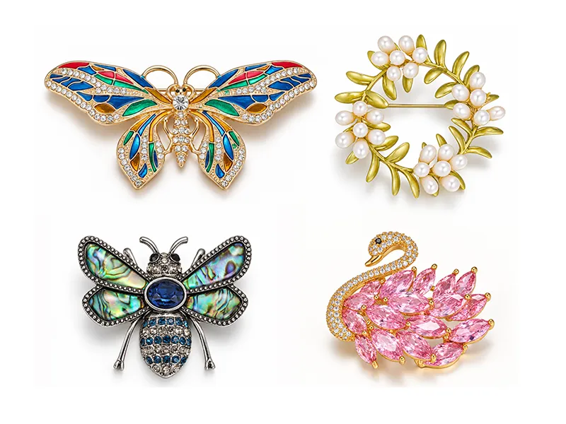 Custom brooch manufacturer showcasing enamel, pearl, crystal, CZ, gemstone and mother-of-pearl options for B2B fashion jewelry collections.