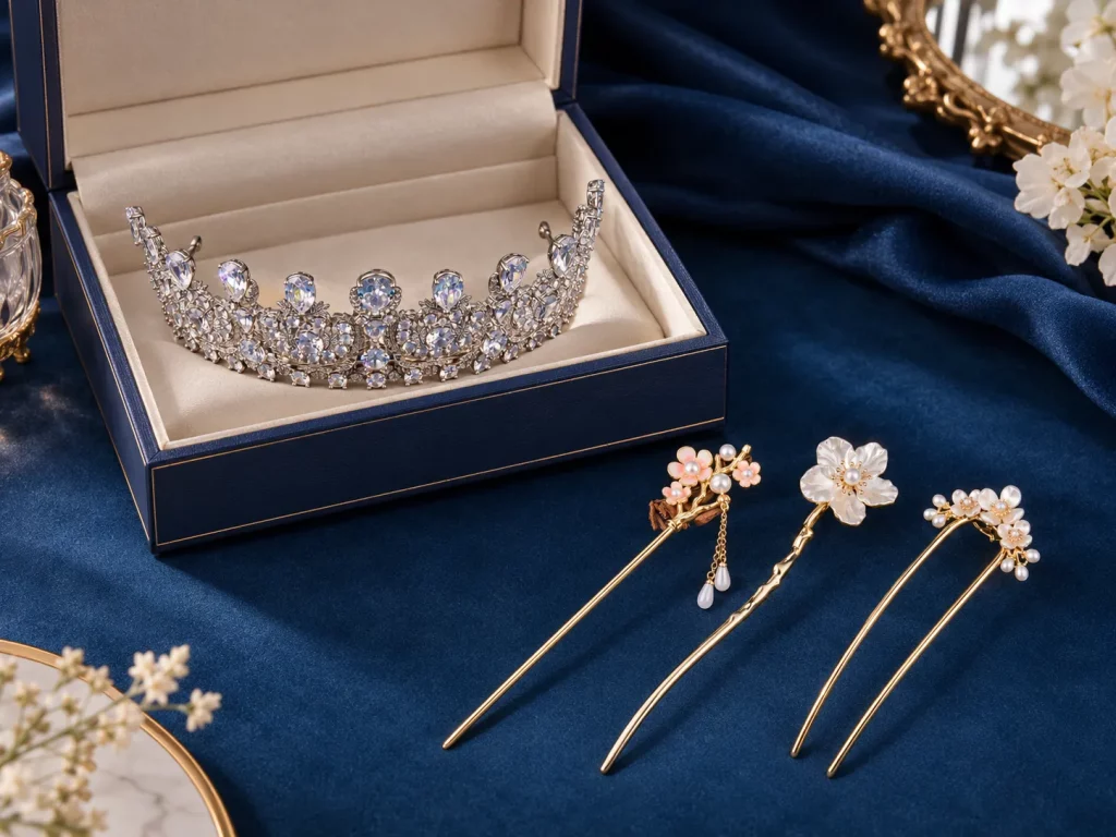 Custom hair accessories including a packaged crystal tiara and floral hair pins for OEM and ODM manufacturing projects.