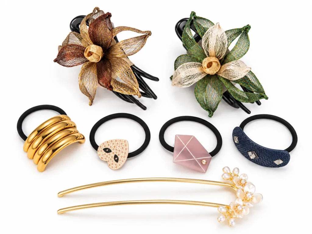 Custom hair accessory components including decorative parts, metal charms, logo elements, connectors, and custom hardware.