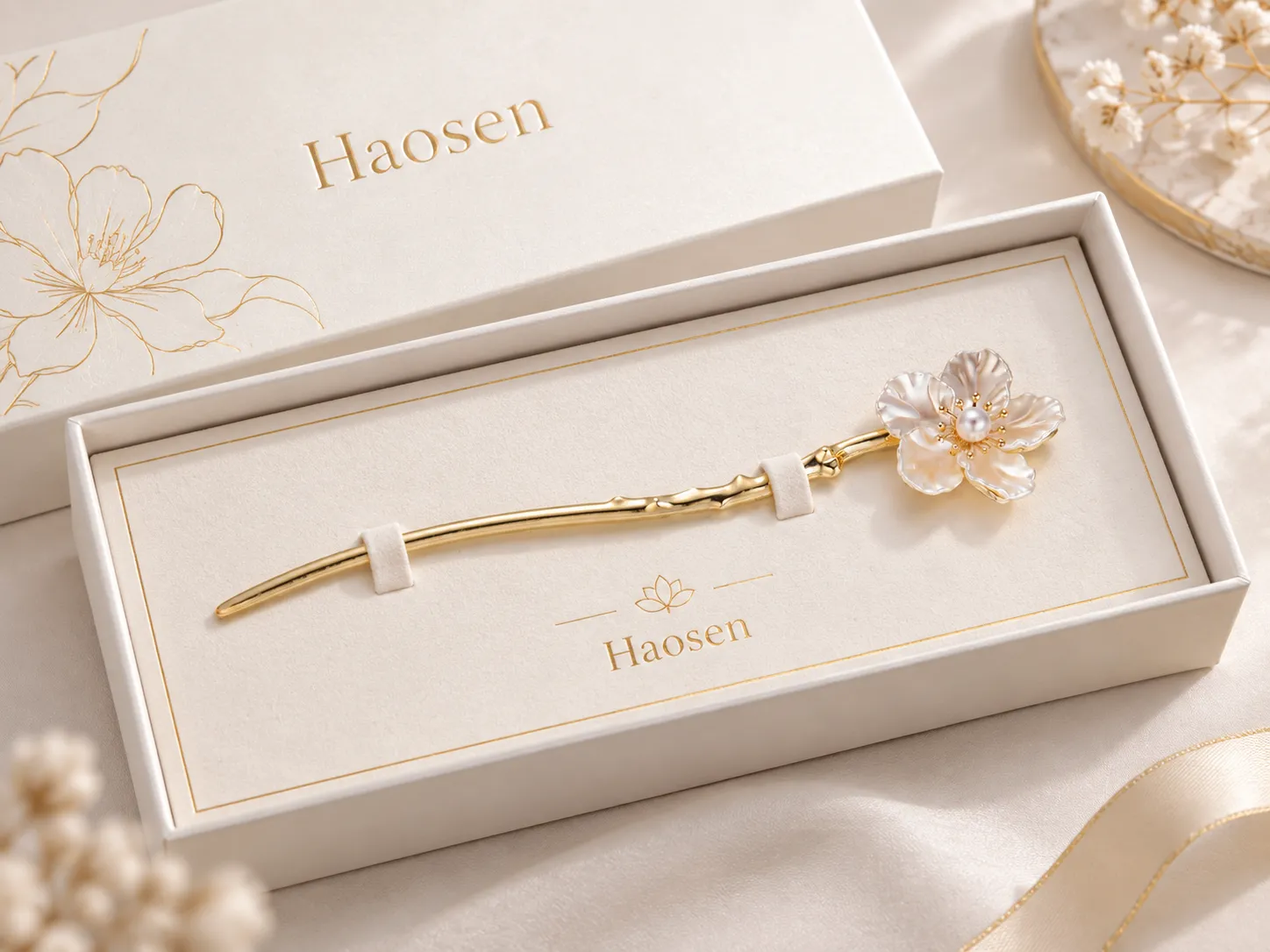 Custom hair accessory packaging options including cards, pouches, boxes, inserts, labels, and barcodes for branded presentation.
