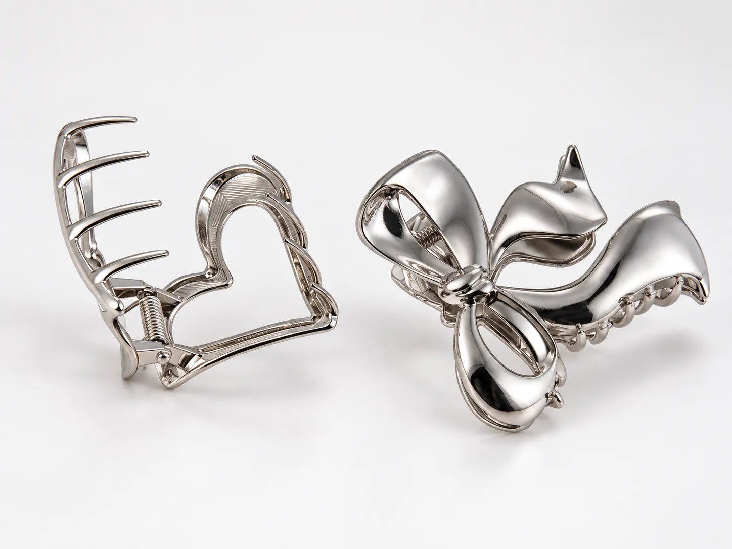 Custom hair clip structures showing clip mechanisms, spring tension, teeth, and holding designs for different hair accessory requirements.