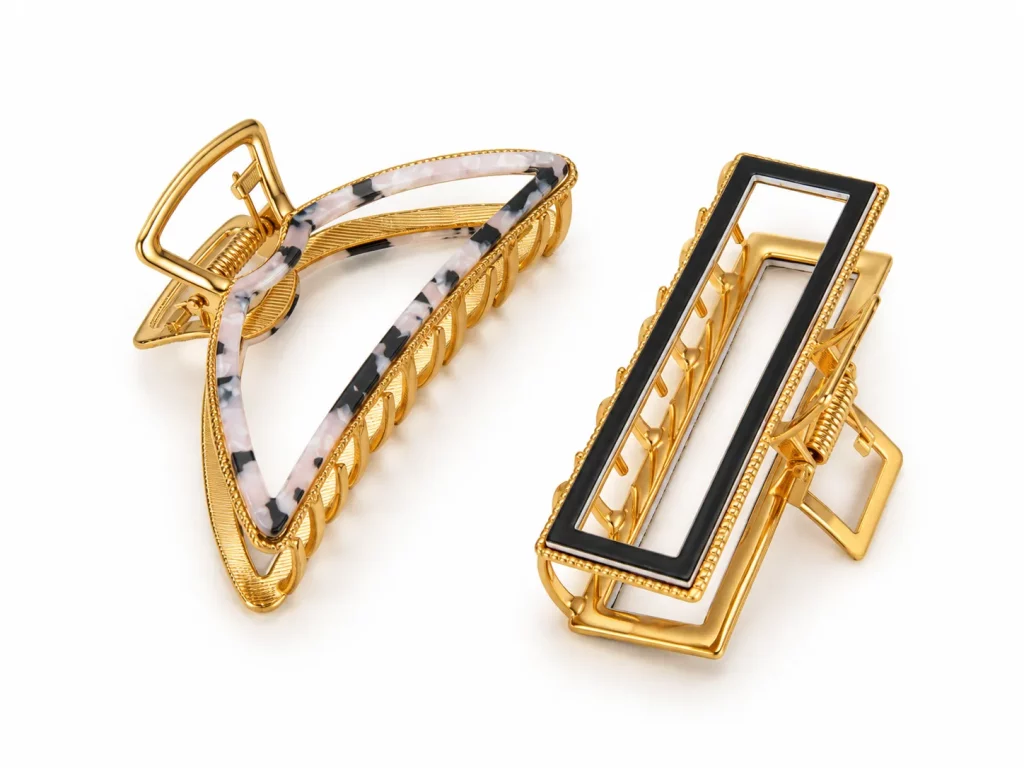 Custom hair clips including claw clips, barrettes and snap clips in different materials and structures.