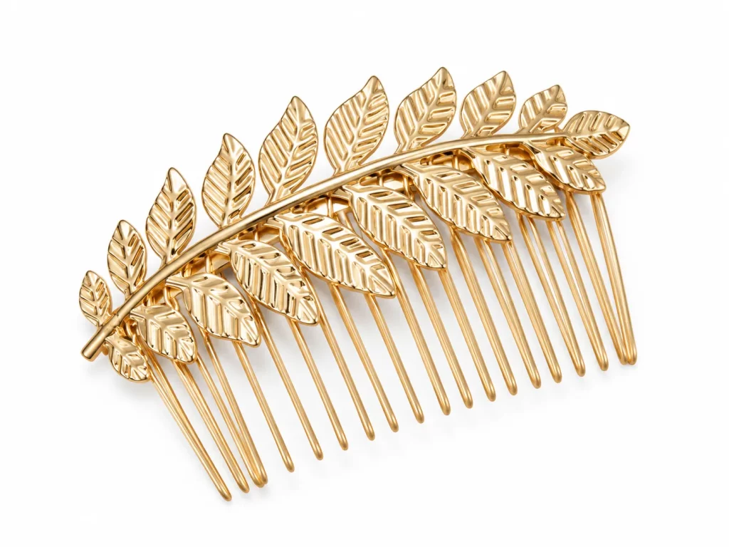 Custom decorative hair combs with adjustable tooth length, spacing, materials and decorative elements.