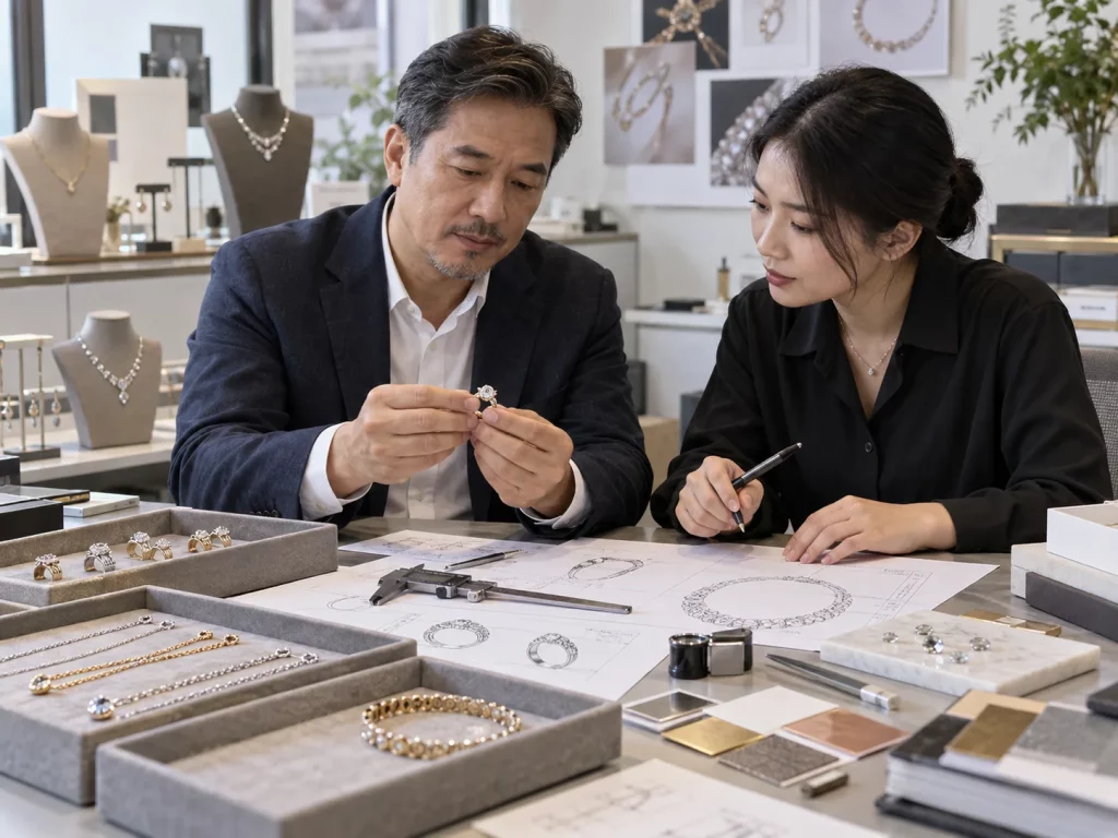 Jewelry buyer and factory team reviewing custom jewelry samples and technical drawings