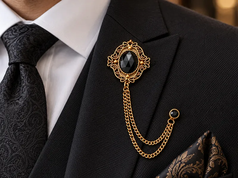 Custom lapel brooch with chain detail worn on a suit, designed for OEM/ODM fashion jewelry and formal collections.