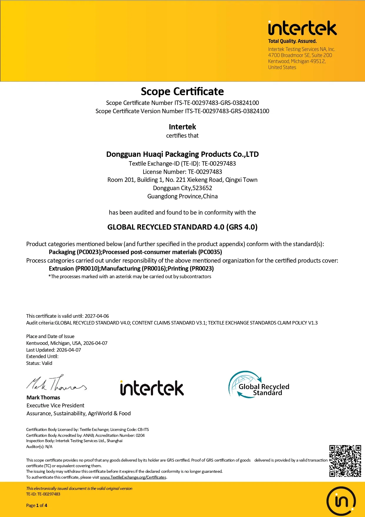 Intertek GRS 4.0 scope certificate for Dongguan Huaqi Packaging Products, a GRS-certified packaging supplier
