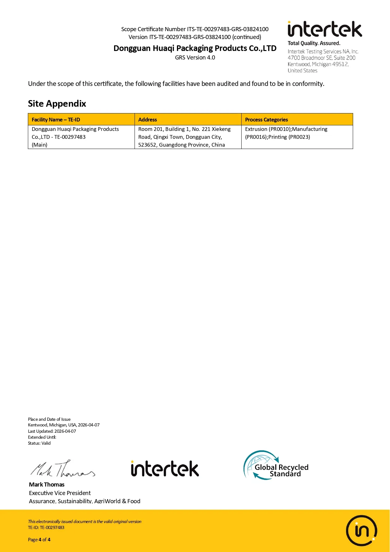 GRS site appendix showing the audited packaging facility and approved production processes