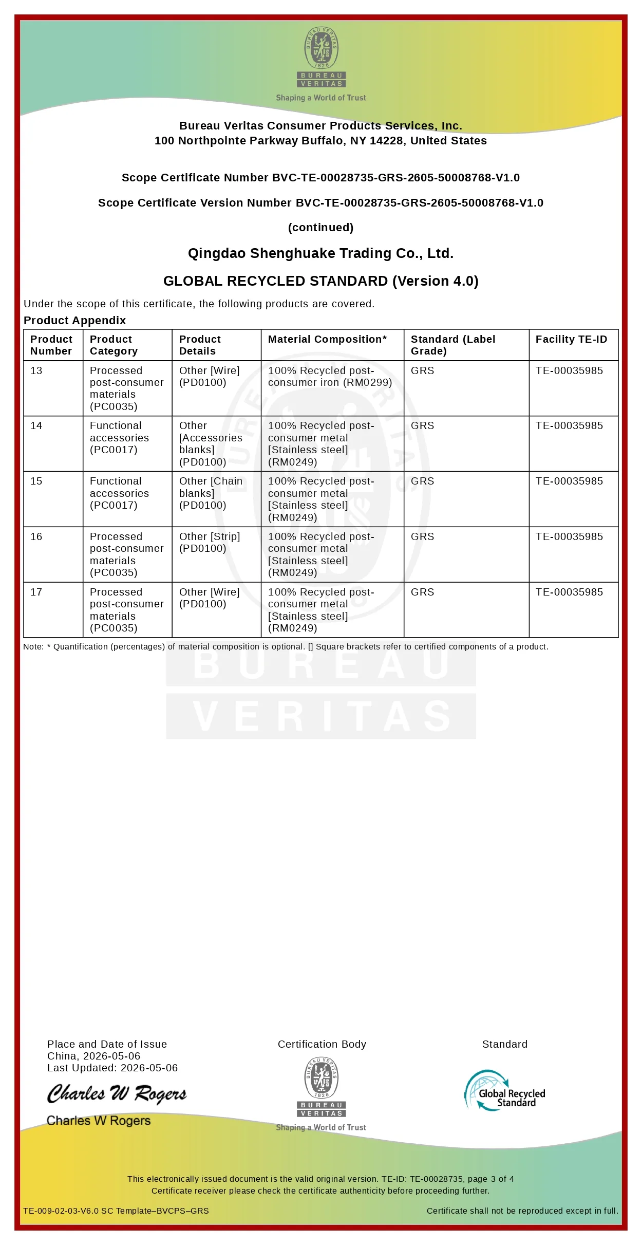 GRS Product Appendix showing recycled metal products including stainless steel accessories blanks, chain blanks, strip and wire within the supplier's certified scope.