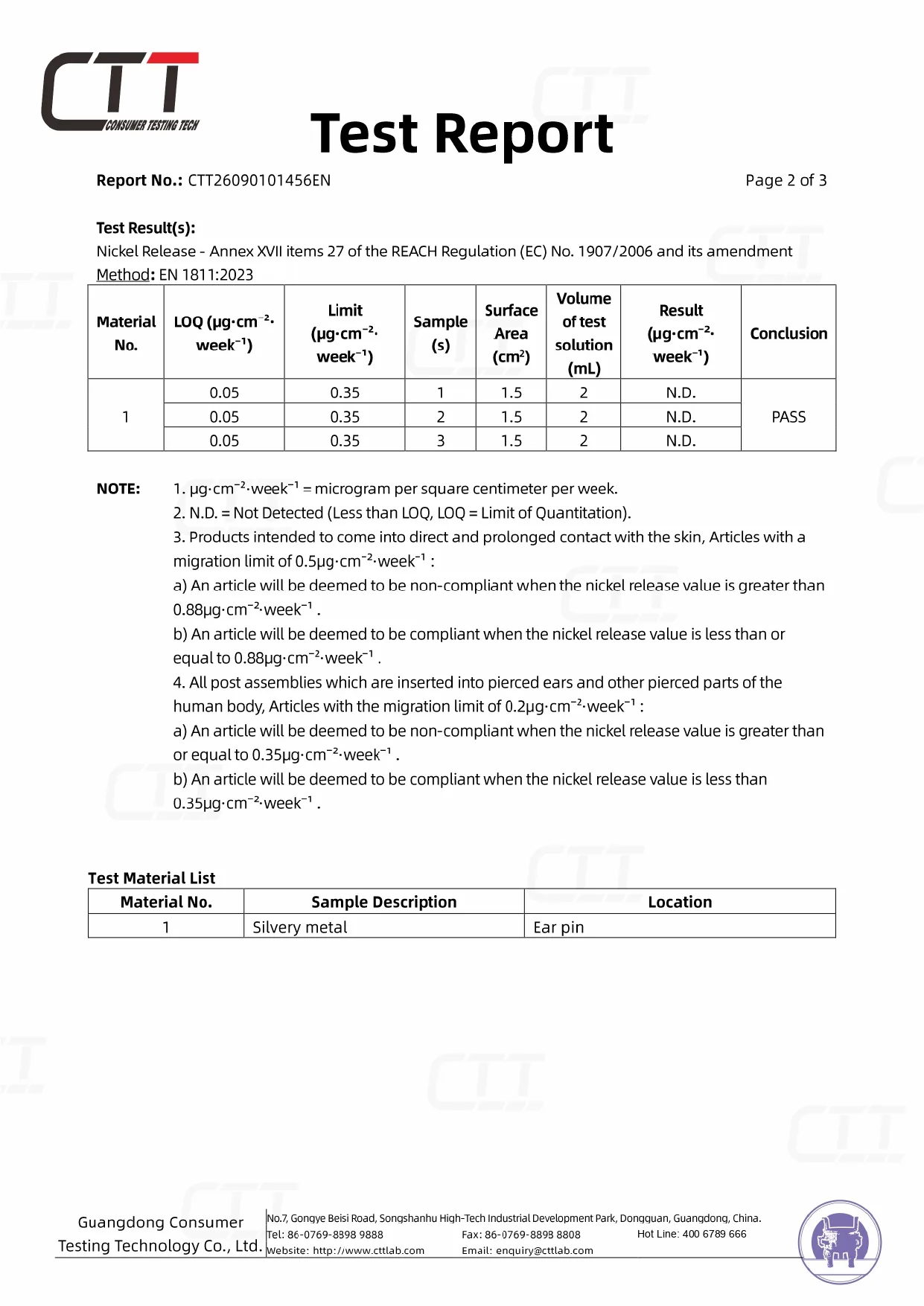 Nickel release test result for stainless steel earrings from CTT third-party laboratory