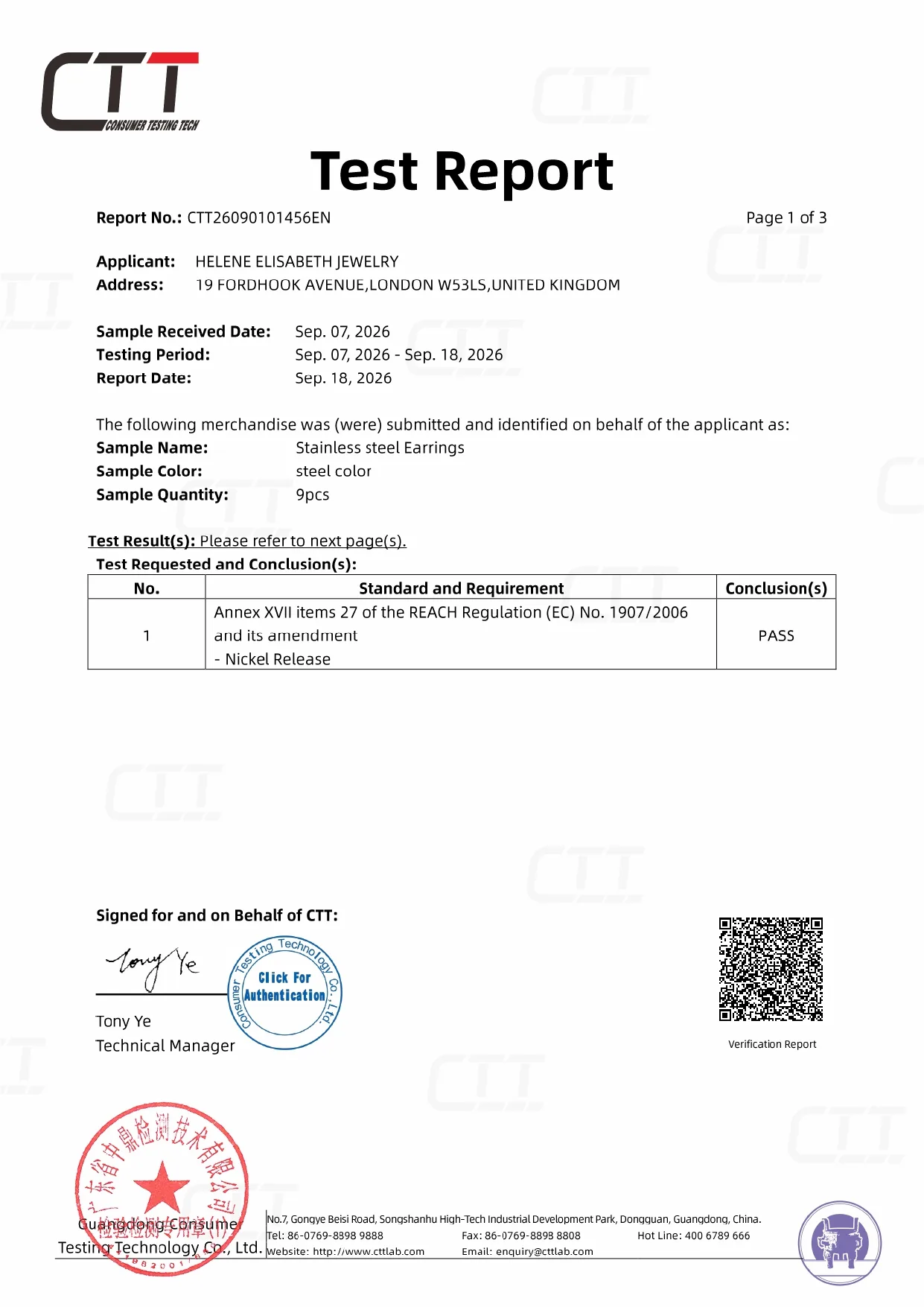 Stainless steel earrings nickel release test report showing third-party laboratory testing details