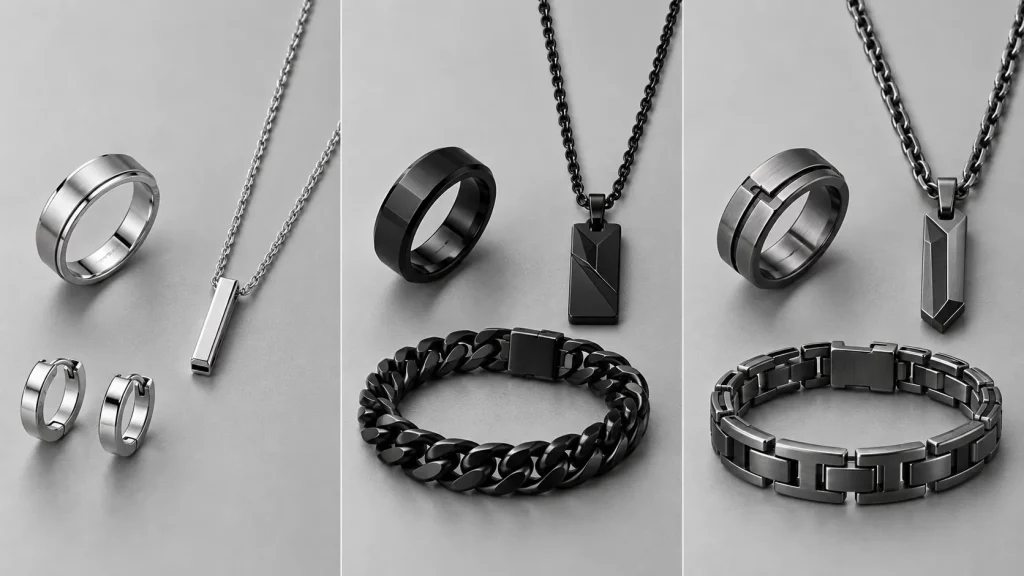 Comparison of silver, black, and gunmetal PVD jewelry styles showing different finish applications for modern fashion jewelry.