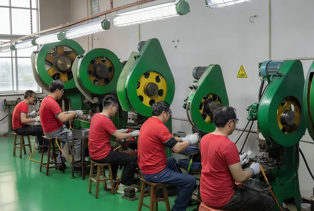 Stamping production line forming flat and thin-walled stainless steel jewelry components for higher-volume manufacturing.
