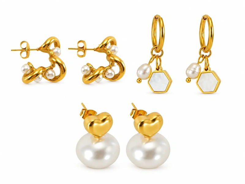 Custom gold-tone stainless steel pearl earrings in hoop, drop and stud styles for jewelry manufacturing.