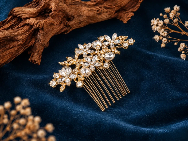 Sterling silver hair comb with crystal floral detailing for premium custom hair accessory designs.
