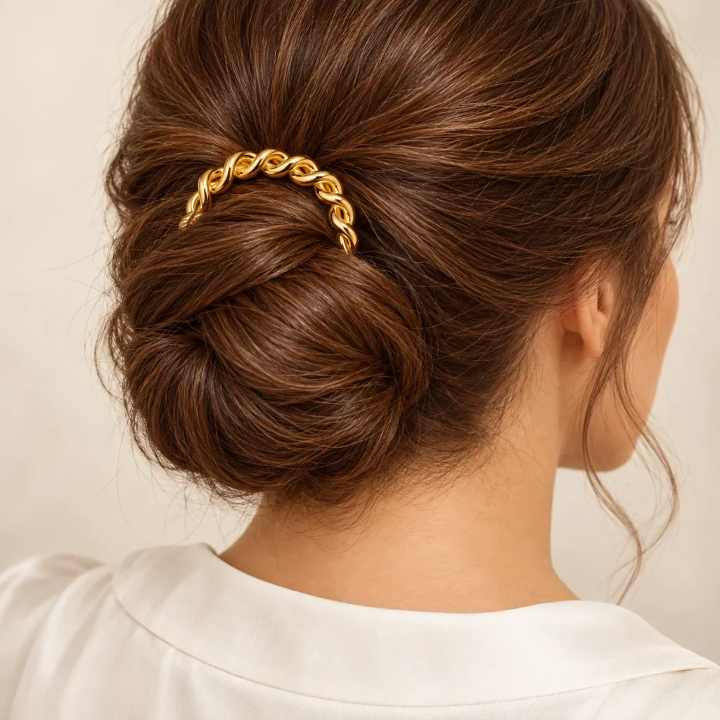 18K gold-plated braided U-shaped two-prong hair fork worn in a low bun, showing the decorative twisted top and finished styling effect.