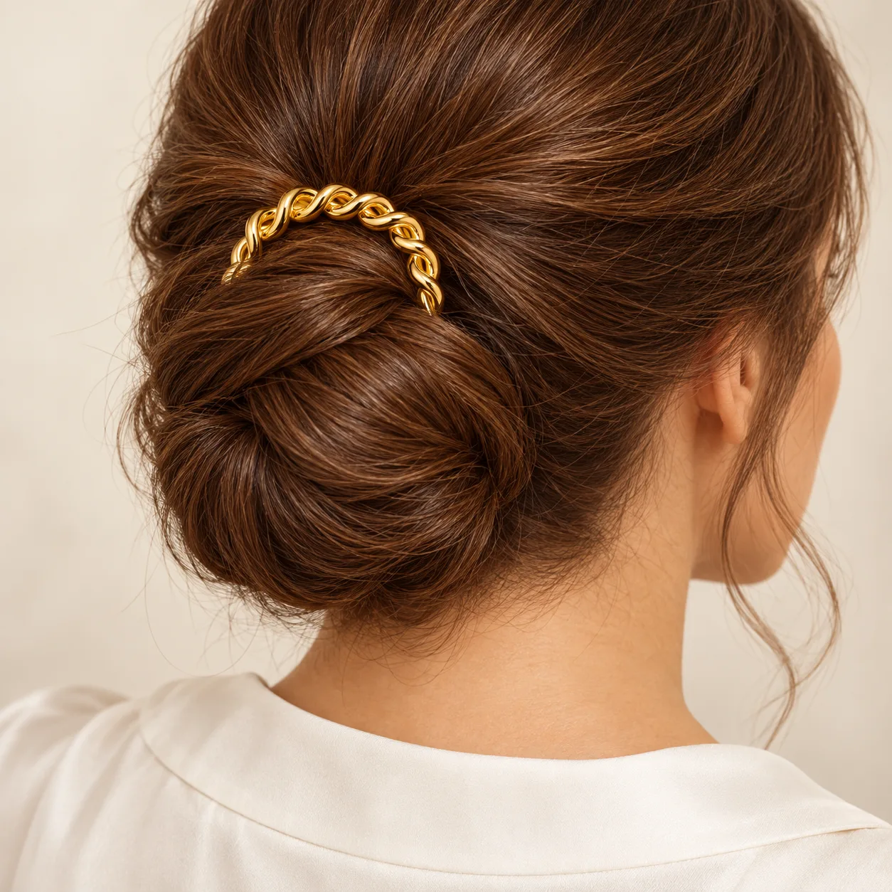 18K gold-plated U-shaped two-prong hair fork with a braided twisted top design on a clean white background.