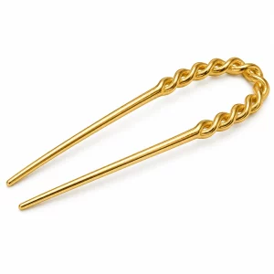 18K gold-plated U-shaped two-prong hair fork with a braided twisted top design on a clean white background.