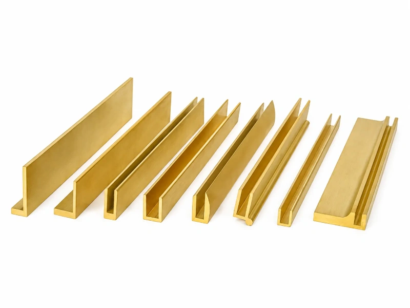 Brass profiles with L-shaped, U-shaped, and channel cross-sections, illustrating specialty raw materials for manufacturing custom jewelry fittings and structural components.